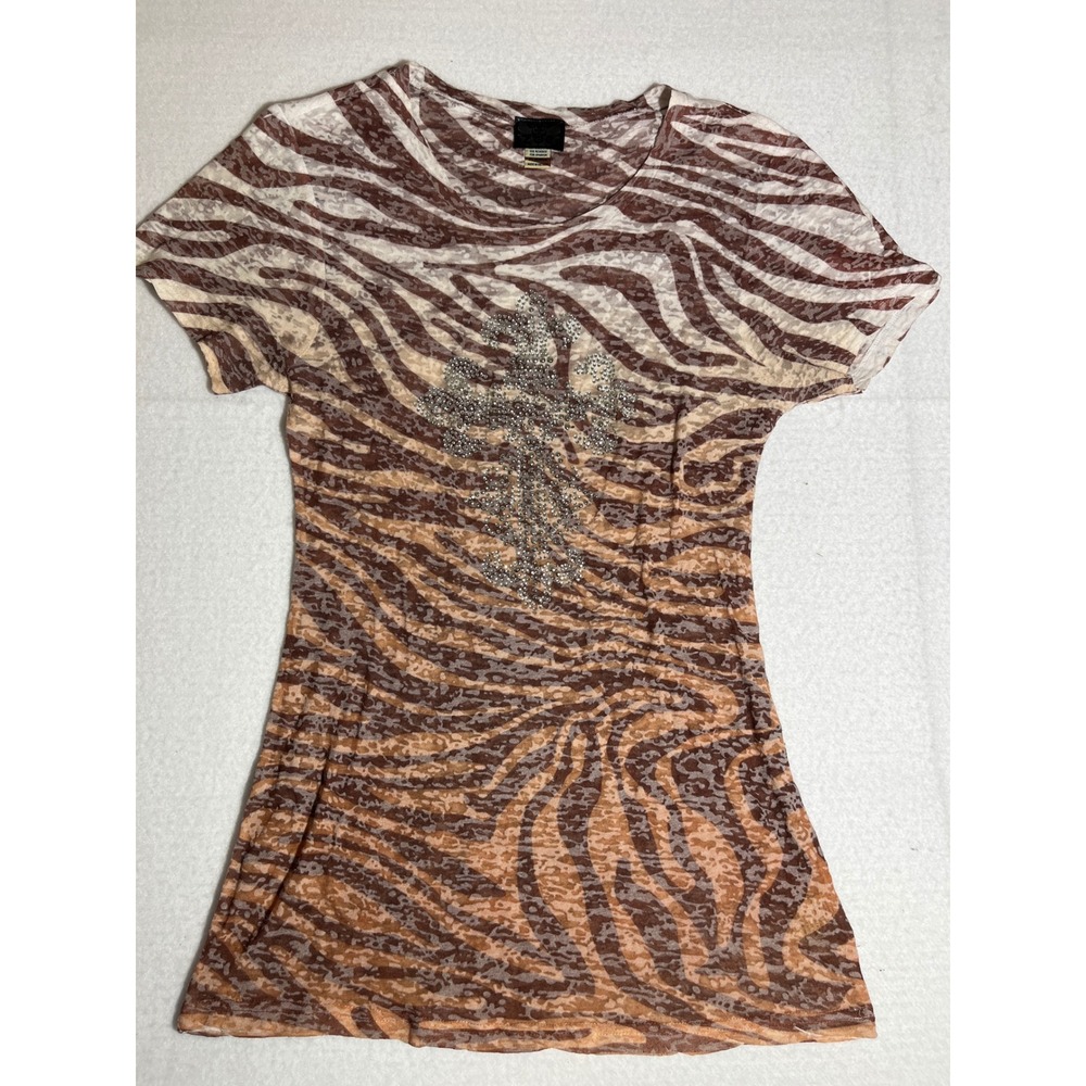 Y2K Zoe Womens  Zebra Print Rhinestone Cross Burnout  Streetwear T-Shirt  XL